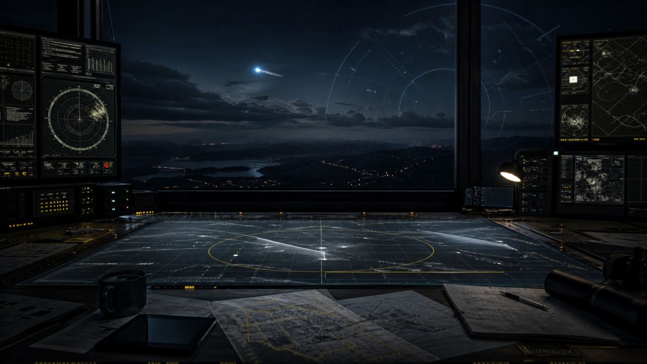 A dark military command center studies a luminous unidentified object above a radar planning table.