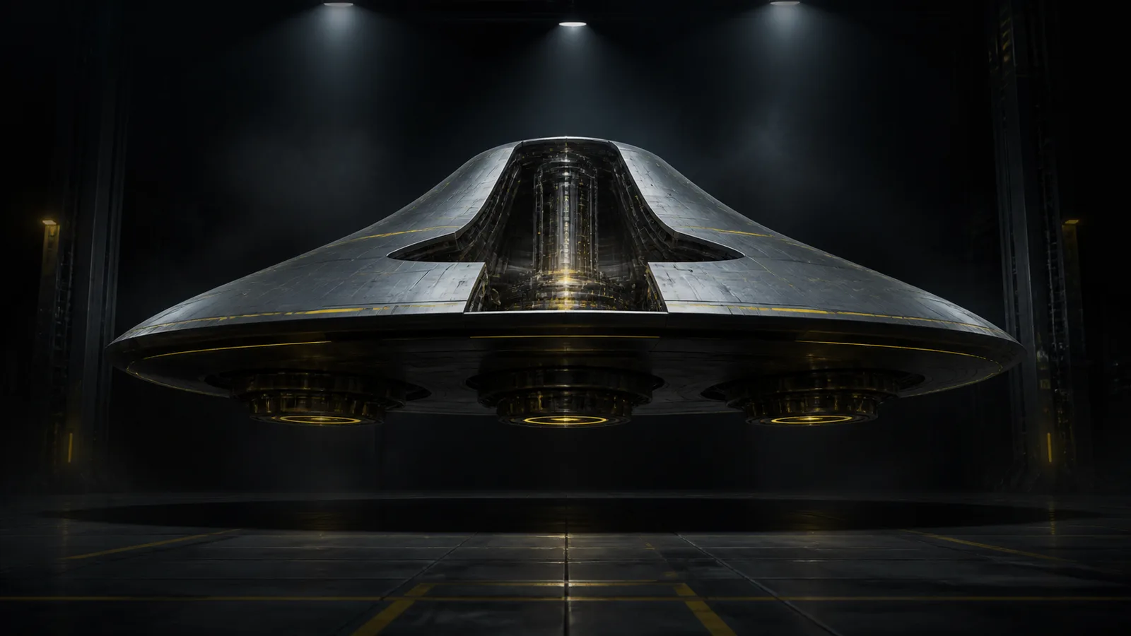 Original concept illustration of an alleged disc-shaped Alien Reproduction Vehicle hovering inside a dark aerospace hangar.