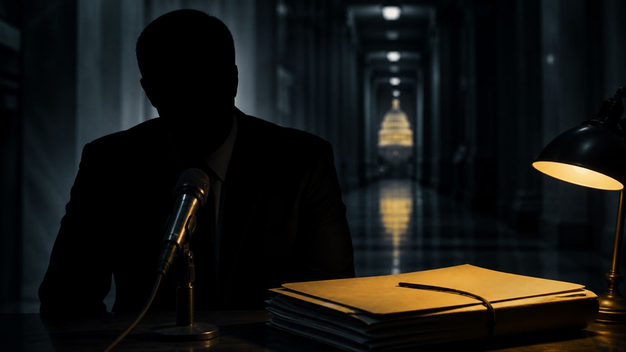 An anonymous whistleblower silhouette sits at a microphone beside sealed folders in a dark government corridor.