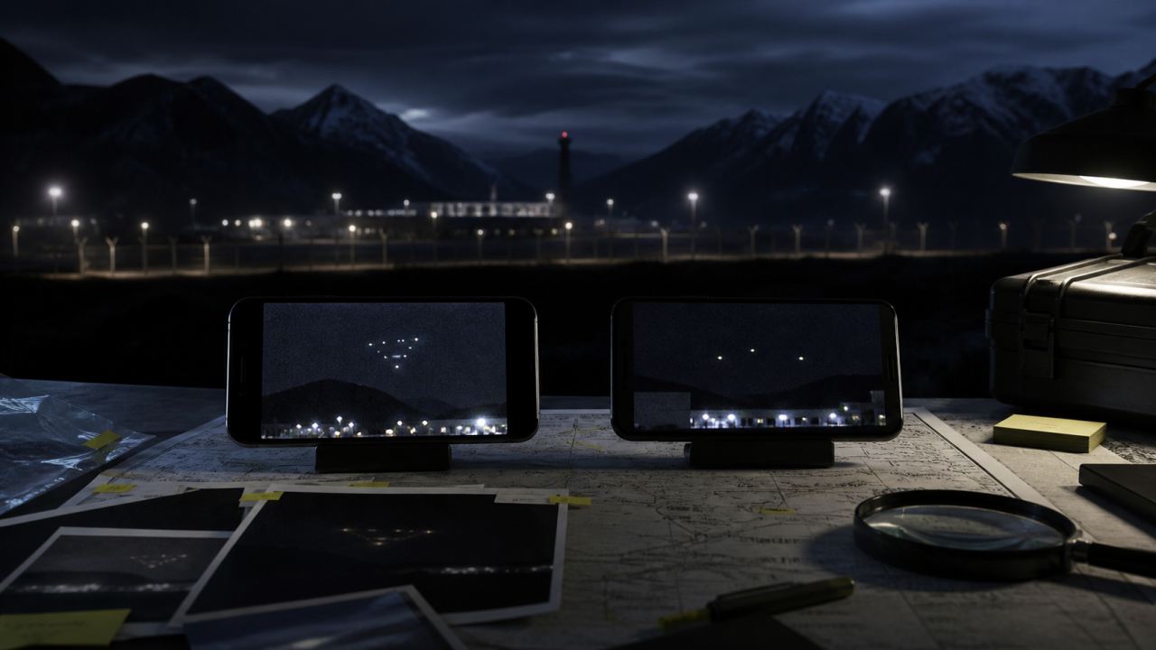 Two cellphone evidence screens sit on an analyst table overlooking a dark mountain military base.